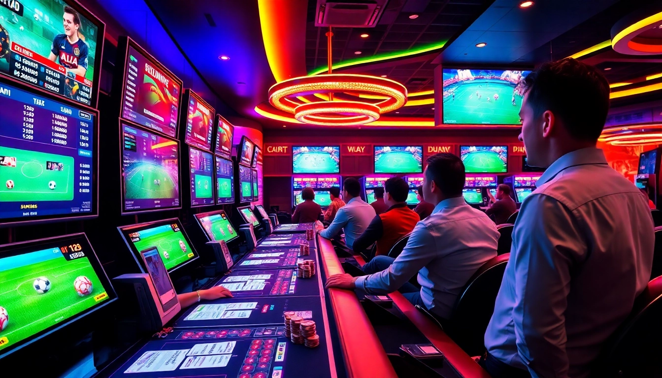 Cá cược bóng đá in action at a lively casino betting terminal with enthusiastic gamblers placing bets.