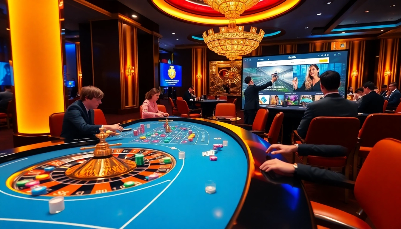 Exciting casino scene showcasing gambling at https://rr88.auction/ with vibrant tables and roulette wheel.