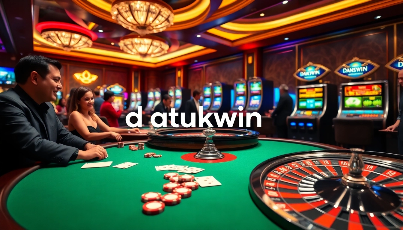 Pemain yang terlibat di meja poker dalam adegan kasino mewah yang menampilkan elemen Datukwin dan dekorasi yang hidup.