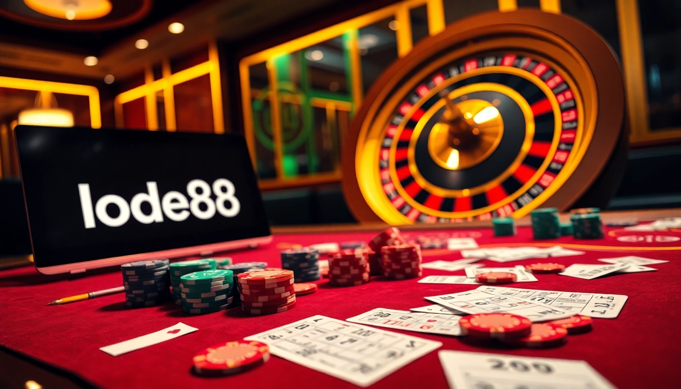 Engage with lode88 at a lively online casino table filled with vibrant betting slips and chips.