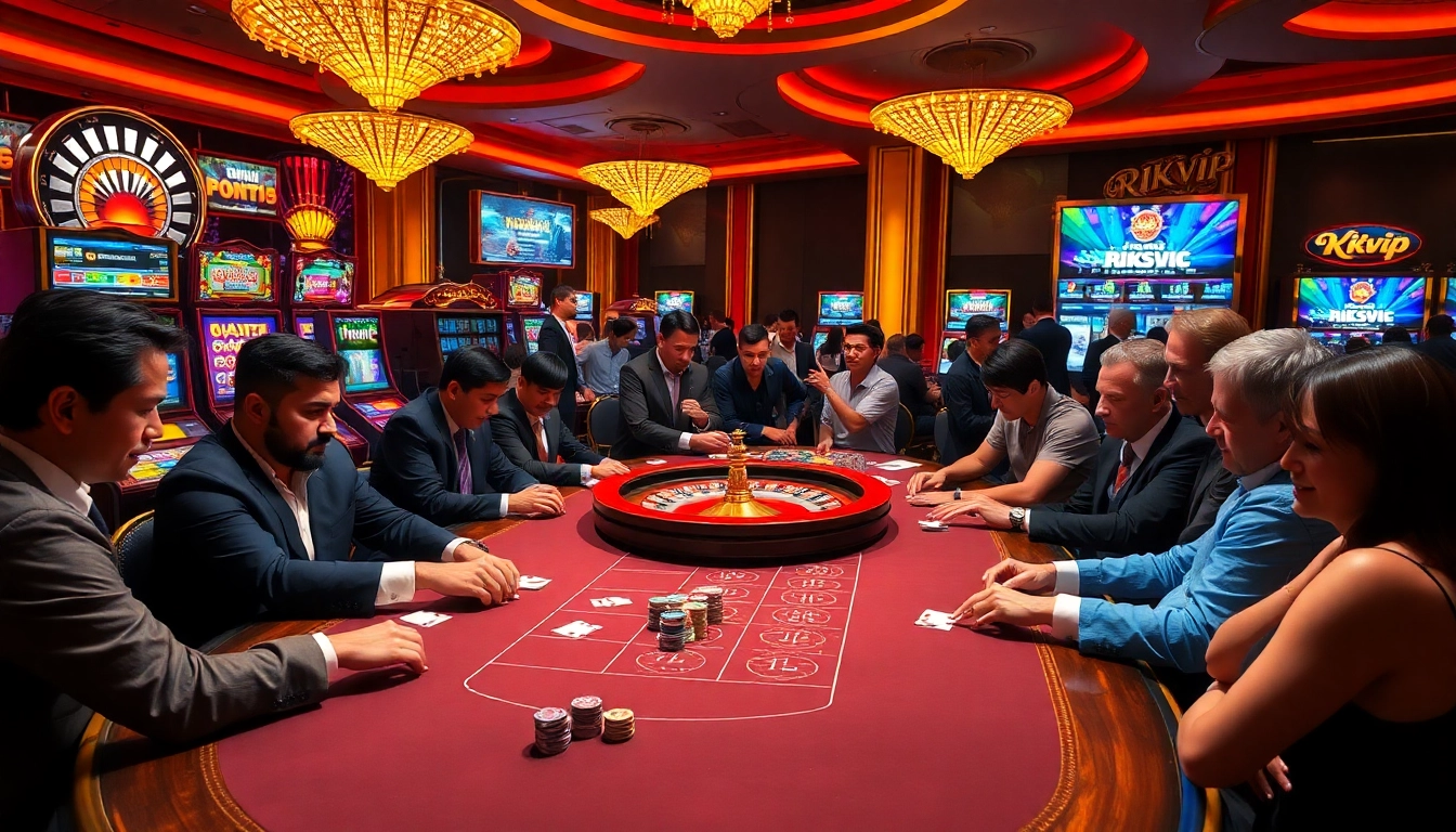 Rikvip casino gaming scene with intense players and luxurious tables, showcasing excitement in gambling.