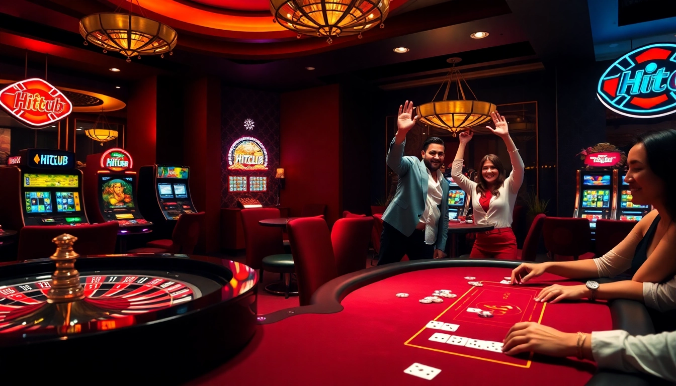 HITCLUB gaming table showcasing vibrant poker chips and a roulette wheel for enthusiastic players.