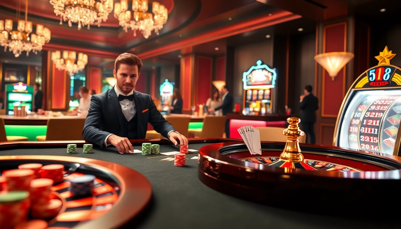 Experience the excitement of jun88 con as players engage at the vibrant casino tables filled with chips and cards.