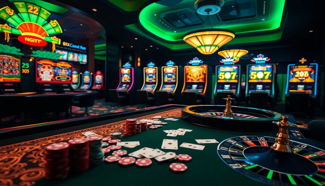 Experience the thrill of winning at 8xx com with an exquisite casino ambiance featuring vibrant slot machines and a roulette wheel.