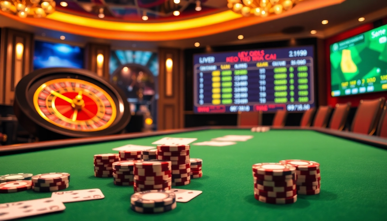 Engaging keo nha cai betting experience with poker chips and casino tables in a vibrant atmosphere.