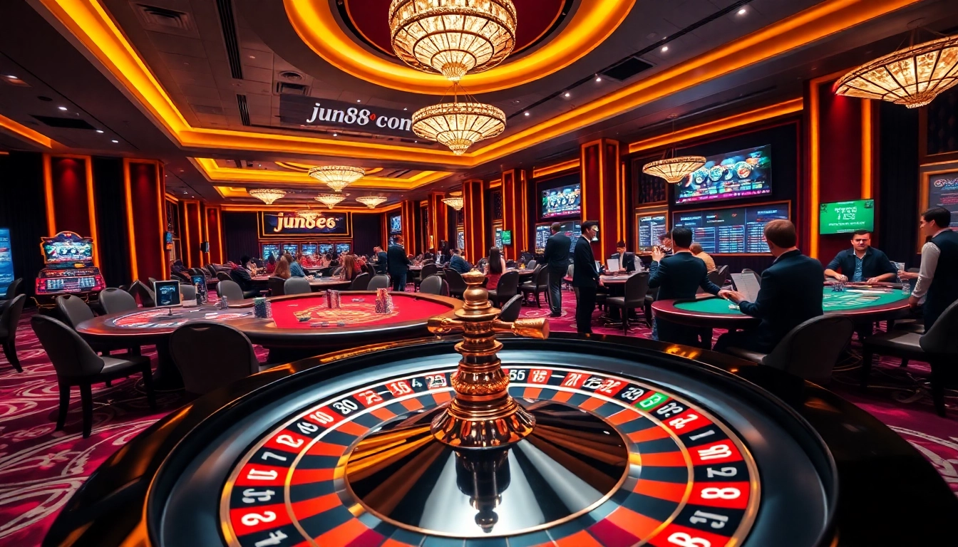 Exciting jun88 con casino gameplay with poker tables and roulette wheel in a luxurious setting.