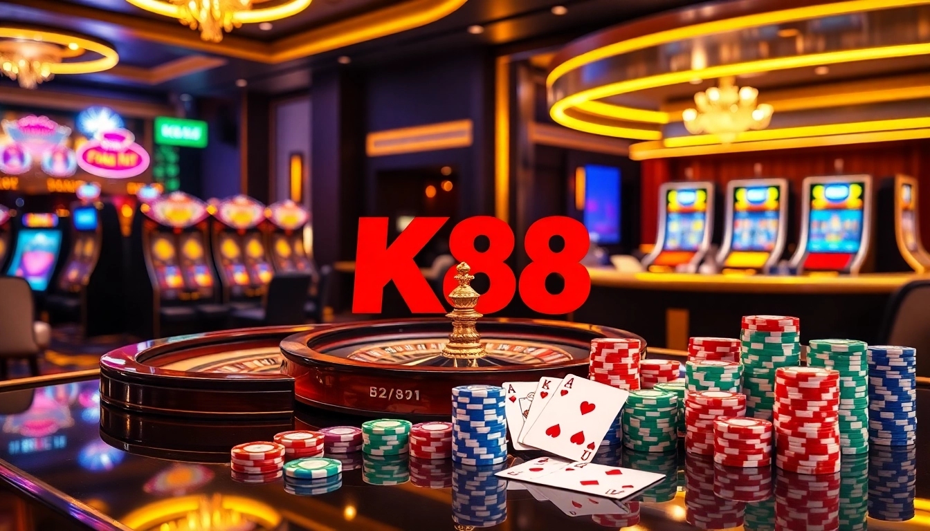K88 online casino experience with vibrant poker cards and roulette wheel.