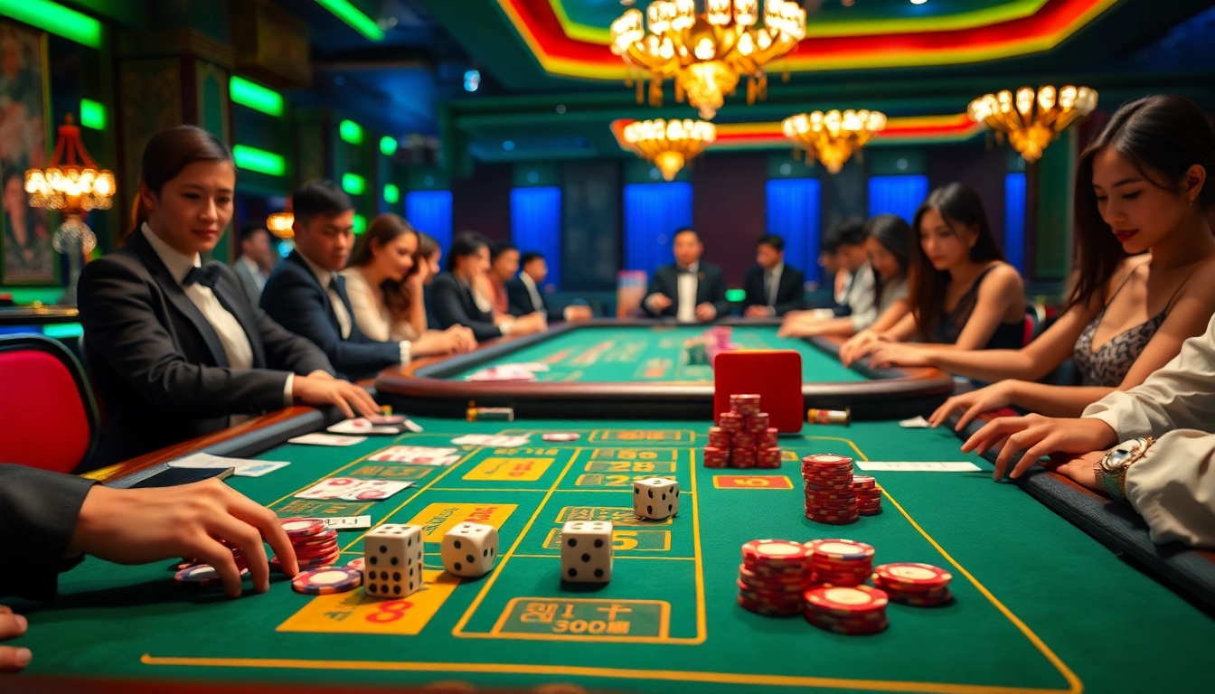 Tãi Xỉu Sunwin table showcasing vibrant colors and elegant gamblers at play.